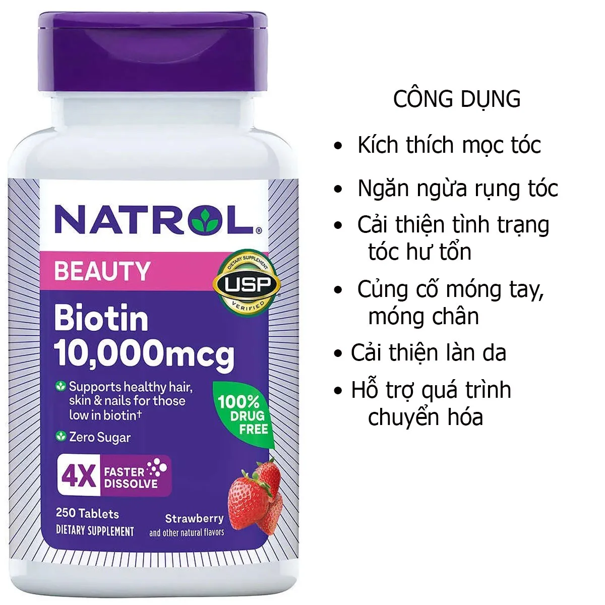 Viên ngậm Natrol Biotin có chức năng chính là hỗ trợ mọc tóc phòng bệnh trên da đầu